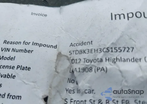 2012 Toyota Highlander Base V6 z USA, uszkodzony, nr VIN 5TDBK3EH3CS155727